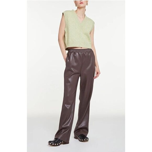 NWT APPARIS Vegan Leather Pants TREY Cocoa wide leg Large - Picture 2 of 14